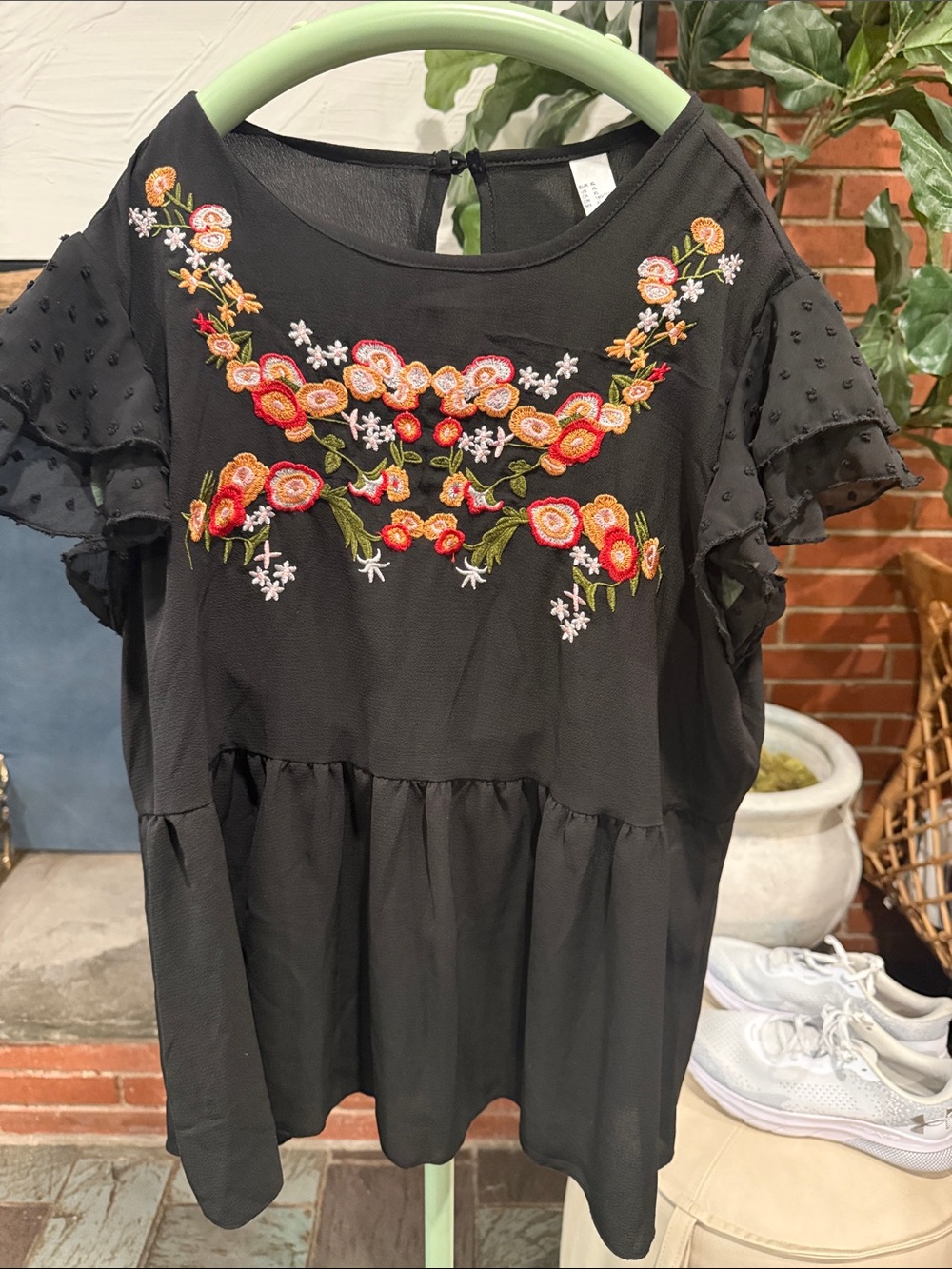 Black Embroidered Flutter-Sleeve Women's Top